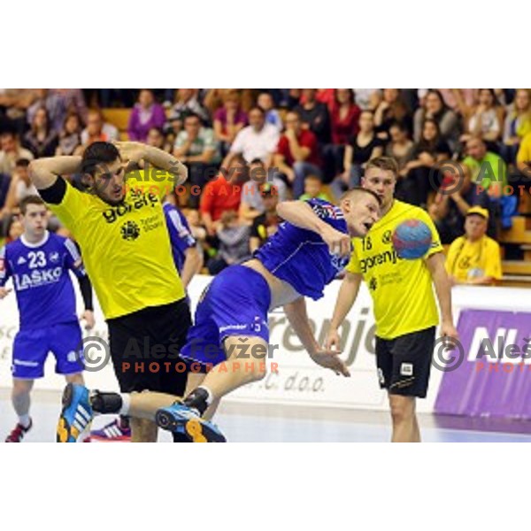 of Celje PL in action during handball match between Gorenje Velenje and Celje Pivovarna Lasko in 1.NLB leasing league, played in Red Hall,Velenje, Slovenia on April 15, 2015