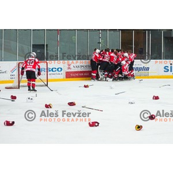Team HDD SIJ Acroni Jesenice celebrates victory after ice hockey final match of Slovenian National League in Season 2014/15 between HDD SIJ Acroni Jesenice and HDD Telemach Olimpija, played in Podmezakla Hall, Jesenice, Slovenia, on April 15th, 2015.