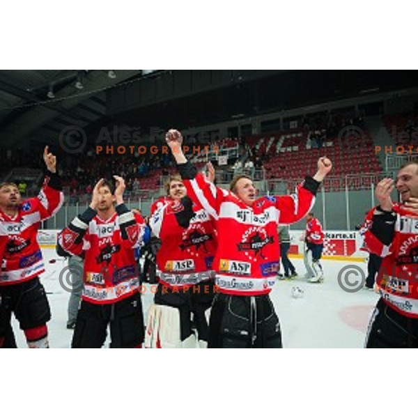 Team HDD SIJ Acroni Jesenice celebrates victory after ice hockey final match of Slovenian National League in Season 2014/15 between HDD SIJ Acroni Jesenice and HDD Telemach Olimpija, played in Podmezakla Hall, Jesenice, Slovenia, on April 15th, 2015.