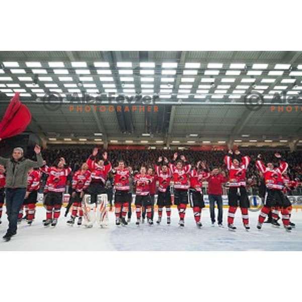 Team HDD SIJ Acroni Jesenice celebrates victory after ice hockey final match of Slovenian National League in Season 2014/15 between HDD SIJ Acroni Jesenice and HDD Telemach Olimpija, played in Podmezakla Hall, Jesenice, Slovenia, on April 15th, 2015.