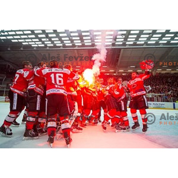 Team HDD SIJ Acroni Jesenice celebrates victory after ice hockey final match of Slovenian National League in Season 2014/15 between HDD SIJ Acroni Jesenice and HDD Telemach Olimpija, played in Podmezakla Hall, Jesenice, Slovenia, on April 15th, 2015.