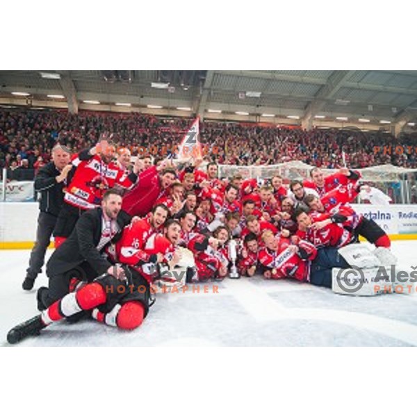 Team HDD SIJ Acroni Jesenice celebrates victory after ice hockey final match of Slovenian National League in Season 2014/15 between HDD SIJ Acroni Jesenice and HDD Telemach Olimpija, played in Podmezakla Hall, Jesenice, Slovenia, on April 15th, 2015.