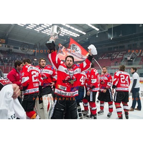 Team HDD SIJ Acroni Jesenice celebrates victory after ice hockey final match of Slovenian National League in Season 2014/15 between HDD SIJ Acroni Jesenice and HDD Telemach Olimpija, played in Podmezakla Hall, Jesenice, Slovenia, on April 15th, 2015.