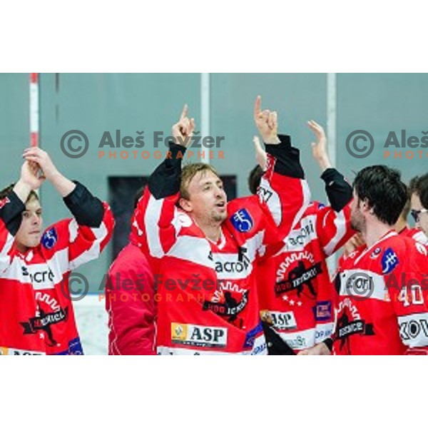 Team HDD SIJ Acroni Jesenice celebrates victory after ice hockey final match of Slovenian National League in Season 2014/15 between HDD SIJ Acroni Jesenice and HDD Telemach Olimpija, played in Podmezakla Hall, Jesenice, Slovenia, on April 15th, 2015.