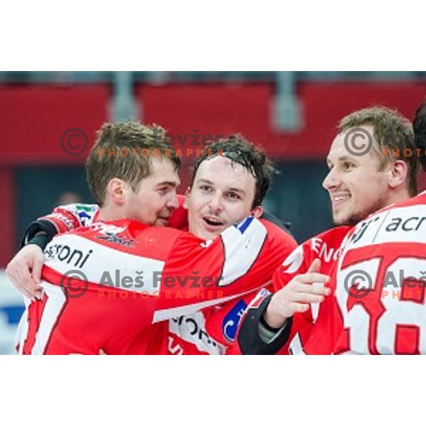 Team HDD SIJ Acroni Jesenice celebrates victory after ice hockey final match of Slovenian National League in Season 2014/15 between HDD SIJ Acroni Jesenice and HDD Telemach Olimpija, played in Podmezakla Hall, Jesenice, Slovenia, on April 15th, 2015.