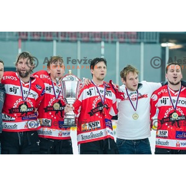 Team HDD SIJ Acroni Jesenice celebrates victory after ice hockey final match of Slovenian National League in Season 2014/15 between HDD SIJ Acroni Jesenice and HDD Telemach Olimpija, played in Podmezakla Hall, Jesenice, Slovenia, on April 15th, 2015.