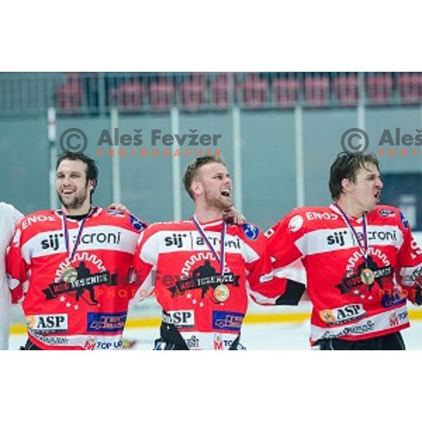 Team HDD SIJ Acroni Jesenice celebrates victory after ice hockey final match of Slovenian National League in Season 2014/15 between HDD SIJ Acroni Jesenice and HDD Telemach Olimpija, played in Podmezakla Hall, Jesenice, Slovenia, on April 15th, 2015.