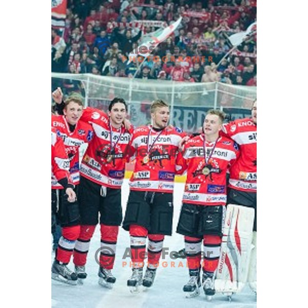 Team HDD SIJ Acroni Jesenice celebrates victory after ice hockey final match of Slovenian National League in Season 2014/15 between HDD SIJ Acroni Jesenice and HDD Telemach Olimpija, played in Podmezakla Hall, Jesenice, Slovenia, on April 15th, 2015.