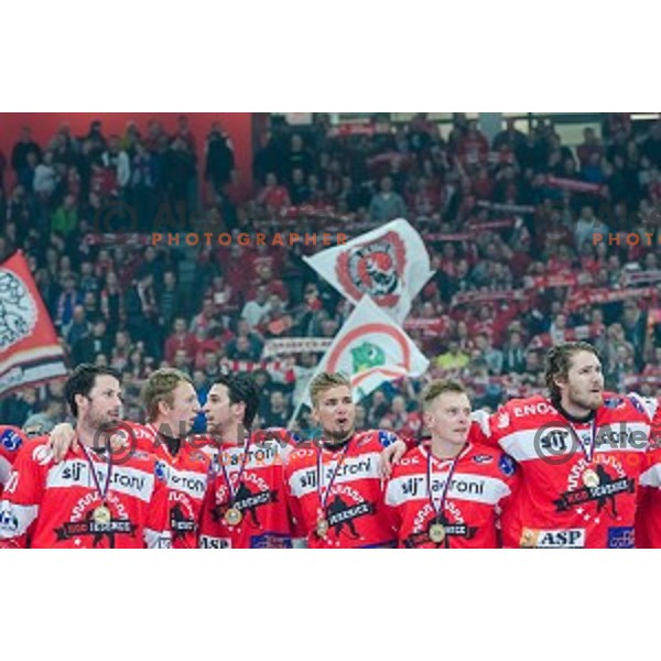 Team HDD SIJ Acroni Jesenice celebrates victory after ice hockey final match of Slovenian National League in Season 2014/15 between HDD SIJ Acroni Jesenice and HDD Telemach Olimpija, played in Podmezakla Hall, Jesenice, Slovenia, on April 15th, 2015.