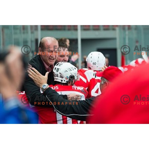 Nik Zupancic of HDD SIJ Acroni Jesenice celebrates victory after ice hockey final match of Slovenian National League in Season 2014/15 between HDD SIJ Acroni Jesenice and HDD Telemach Olimpija, played in Podmezakla Hall, Jesenice, Slovenia, on April 15th, 2015.