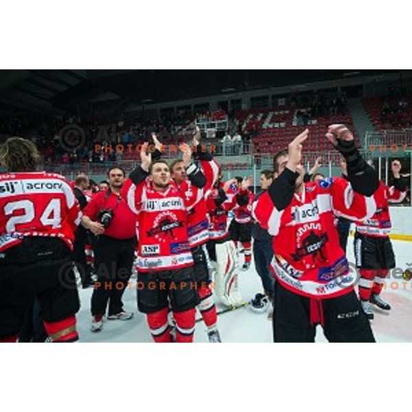 Team HDD SIJ Acroni Jesenice celebrates victory after ice hockey final match of Slovenian National League in Season 2014/15 between HDD SIJ Acroni Jesenice and HDD Telemach Olimpija, played in Podmezakla Hall, Jesenice, Slovenia, on April 15th, 2015.