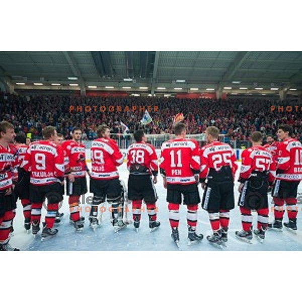 Team HDD SIJ Acroni Jesenice celebrates victory after ice hockey final match of Slovenian National League in Season 2014/15 between HDD SIJ Acroni Jesenice and HDD Telemach Olimpija, played in Podmezakla Hall, Jesenice, Slovenia, on April 15th, 2015.