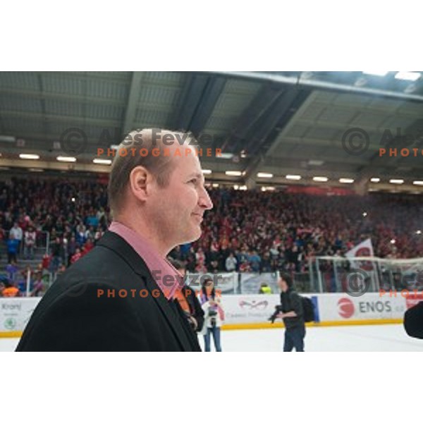 Nik Zupancic of HDD SIJ Acroni Jesenice celebrates victory after ice hockey final match of Slovenian National League in Season 2014/15 between HDD SIJ Acroni Jesenice and HDD Telemach Olimpija, played in Podmezakla Hall, Jesenice, Slovenia, on April 15th, 2015.