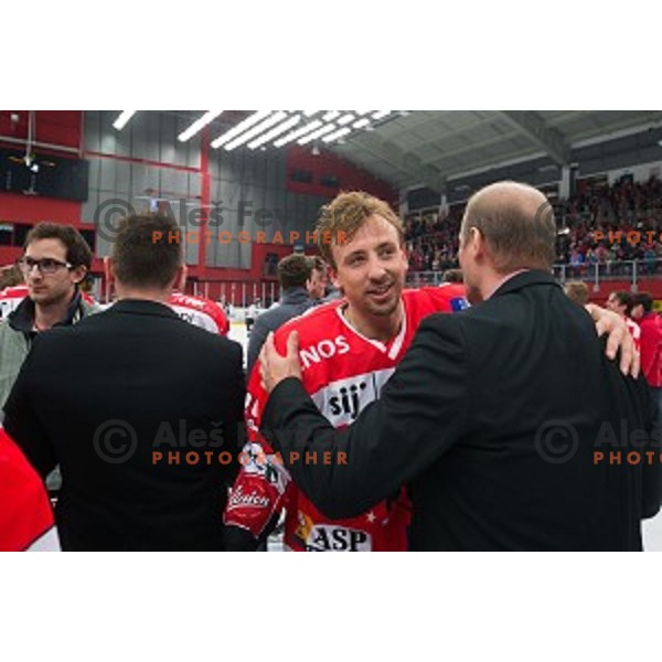 Team HDD SIJ Acroni Jesenice celebrates victory after ice hockey final match of Slovenian National League in Season 2014/15 between HDD SIJ Acroni Jesenice and HDD Telemach Olimpija, played in Podmezakla Hall, Jesenice, Slovenia, on April 15th, 2015.