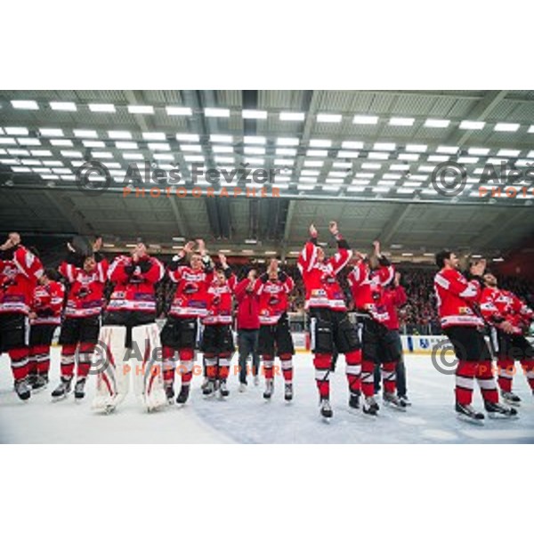 Team HDD SIJ Acroni Jesenice celebrates victory after ice hockey final match of Slovenian National League in Season 2014/15 between HDD SIJ Acroni Jesenice and HDD Telemach Olimpija, played in Podmezakla Hall, Jesenice, Slovenia, on April 15th, 2015.