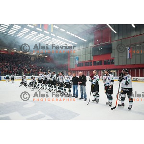 Team HDD Telemach Olimpija after ice hockey final match of Slovenian National League in Season 2014/15 between HDD SIJ Acroni Jesenice and HDD Telemach Olimpija, played in Podmezakla Hall, Jesenice, Slovenia, on April 15th, 2015.
