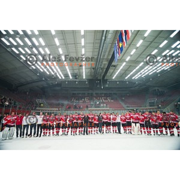 Team HDD SIJ Acroni Jesenice celebrates victory after ice hockey final match of Slovenian National League in Season 2014/15 between HDD SIJ Acroni Jesenice and HDD Telemach Olimpija, played in Podmezakla Hall, Jesenice, Slovenia, on April 15th, 2015.