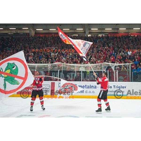 Team HDD SIJ Acroni Jesenice celebrates victory after ice hockey final match of Slovenian National League in Season 2014/15 between HDD SIJ Acroni Jesenice and HDD Telemach Olimpija, played in Podmezakla Hall, Jesenice, Slovenia, on April 15th, 2015.