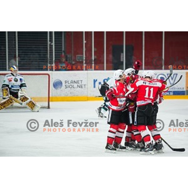 Team HDD SIJ Acroni Jesenice in action during ice hockey final match of Slovenian National League in Season 2014/15 between HDD SIJ Acroni Jesenice and HDD Telemach Olimpija, played in Podmezakla Hall, Jesenice, Slovenia, on April 15th, 2015.