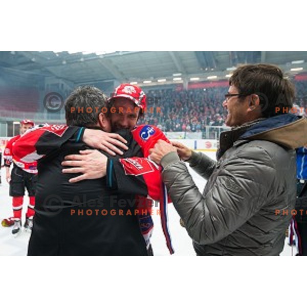Team HDD SIJ Acroni Jesenice celebrates victory after ice hockey final match of Slovenian National League in Season 2014/15 between HDD SIJ Acroni Jesenice and HDD Telemach Olimpija, played in Podmezakla Hall, Jesenice, Slovenia, on April 15th, 2015.