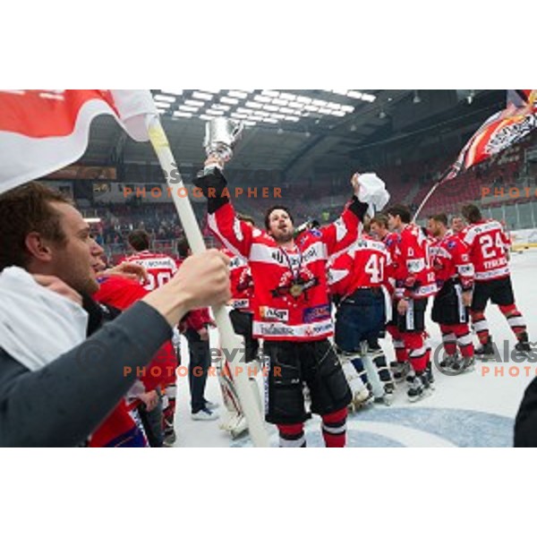Team HDD SIJ Acroni Jesenice celebrates victory after ice hockey final match of Slovenian National League in Season 2014/15 between HDD SIJ Acroni Jesenice and HDD Telemach Olimpija, played in Podmezakla Hall, Jesenice, Slovenia, on April 15th, 2015.