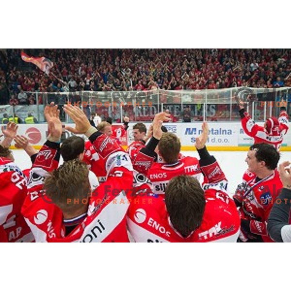 Team HDD SIJ Acroni Jesenice celebrates victory after ice hockey final match of Slovenian National League in Season 2014/15 between HDD SIJ Acroni Jesenice and HDD Telemach Olimpija, played in Podmezakla Hall, Jesenice, Slovenia, on April 15th, 2015.