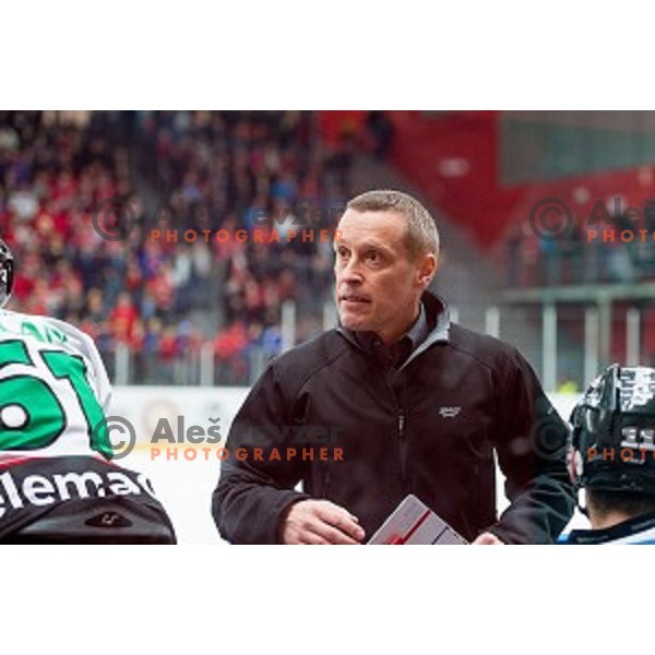 Fabian Dahlem of HDD Telemach Olimpija in action during ice hockey final match of Slovenian National League in Season 2014/15 between HDD SIJ Acroni Jesenice and HDD Telemach Olimpija, played in Podmezakla Hall, Jesenice, Slovenia, on April 15th, 2015.