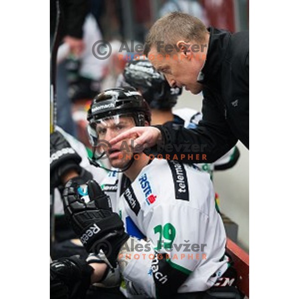 Fabian Dahlem of HDD Telemach Olimpija in action during ice hockey final match of Slovenian National League in Season 2014/15 between HDD SIJ Acroni Jesenice and HDD Telemach Olimpija, played in Podmezakla Hall, Jesenice, Slovenia, on April 15th, 2015.