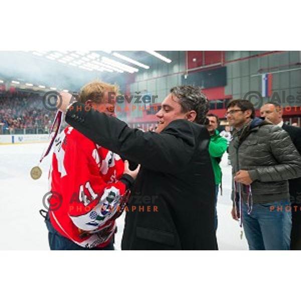 Aleksis Ahlquist of HDD SIJ Acroni Jesenice celebrates victory after ice hockey final match of Slovenian National League in Season 2014/15 between HDD SIJ Acroni Jesenice and HDD Telemach Olimpija, played in Podmezakla Hall, Jesenice, Slovenia, on April 15th, 2015.