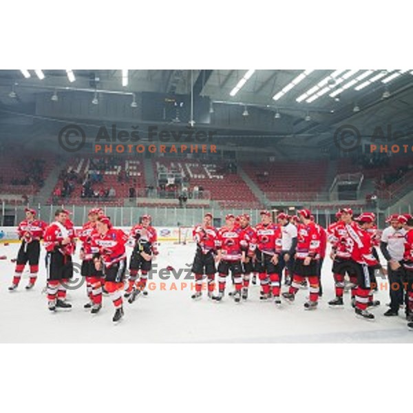 Team HDD SIJ Acroni Jesenice celebrates victory after ice hockey final match of Slovenian National League in Season 2014/15 between HDD SIJ Acroni Jesenice and HDD Telemach Olimpija, played in Podmezakla Hall, Jesenice, Slovenia, on April 15th, 2015.
