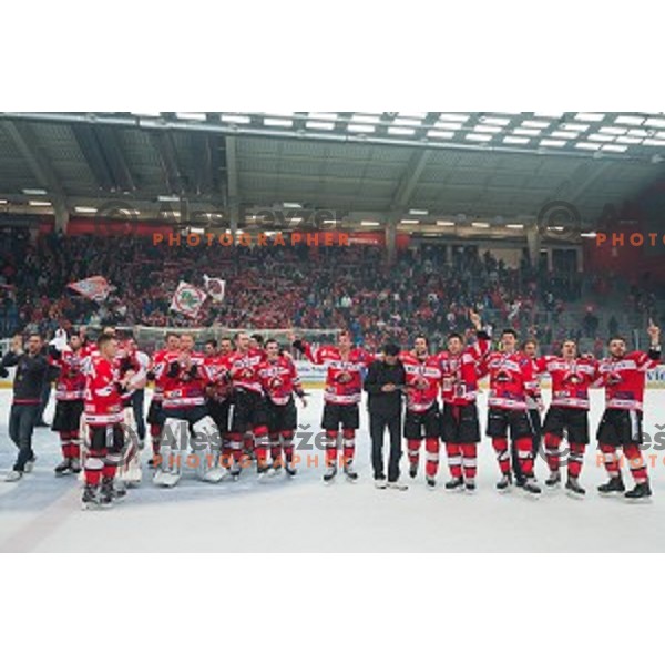 Team HDD SIJ Acroni Jesenice celebrates victory after ice hockey final match of Slovenian National League in Season 2014/15 between HDD SIJ Acroni Jesenice and HDD Telemach Olimpija, played in Podmezakla Hall, Jesenice, Slovenia, on April 15th, 2015.