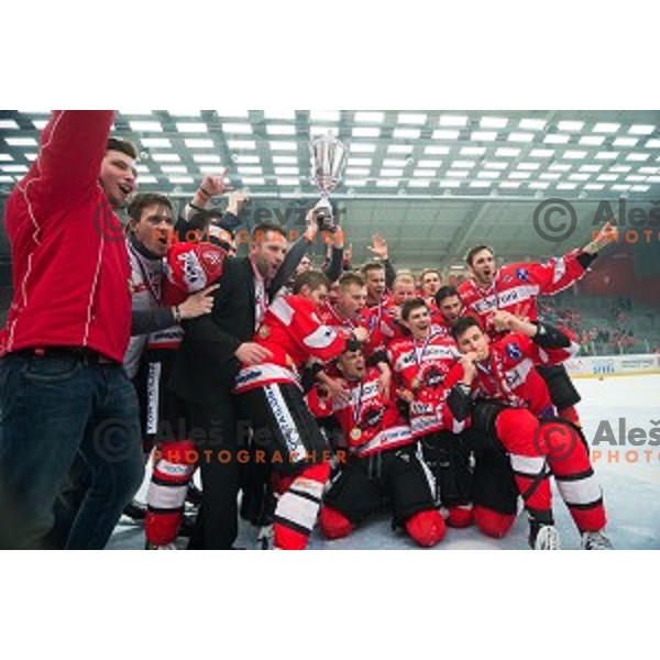 Team HDD SIJ Acroni Jesenice celebrates victory after ice hockey final match of Slovenian National League in Season 2014/15 between HDD SIJ Acroni Jesenice and HDD Telemach Olimpija, played in Podmezakla Hall, Jesenice, Slovenia, on April 15th, 2015.