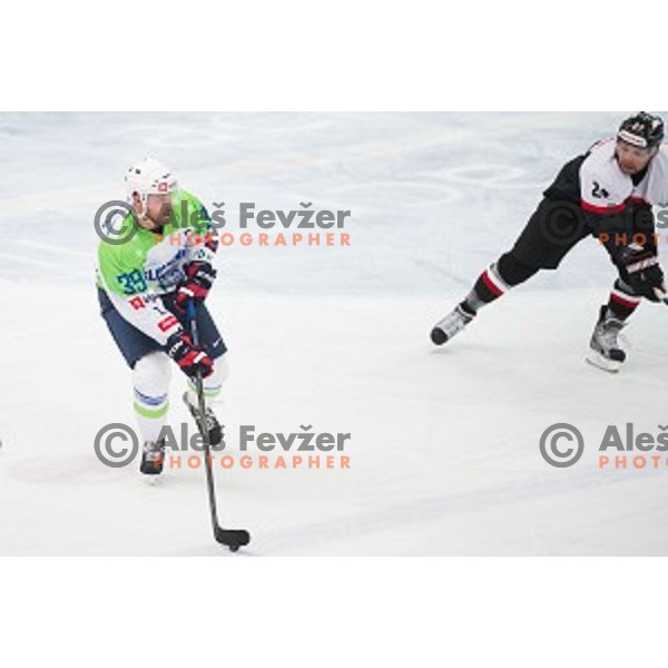 Jan Mursak of Slovenia in action during friendly ice hockey match between Slovenia and Japan, played in Podmezakla Hall, Jesenice, Slovenia, on April 15th, 2015.