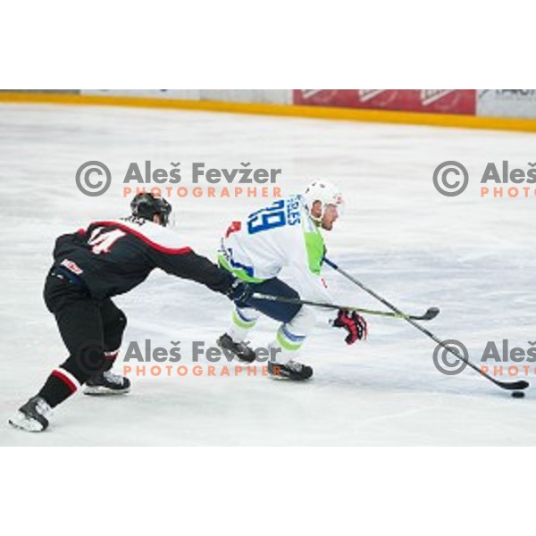Jan Mursak of Slovenia in action during friendly ice hockey match between Slovenia and Japan, played in Podmezakla Hall, Jesenice, Slovenia, on April 15th, 2015.