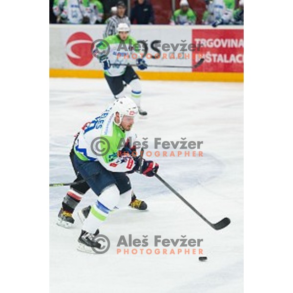 Jan Mursak of Slovenia in action during friendly ice hockey match between Slovenia and Japan, played in Podmezakla Hall, Jesenice, Slovenia, on April 15th, 2015.