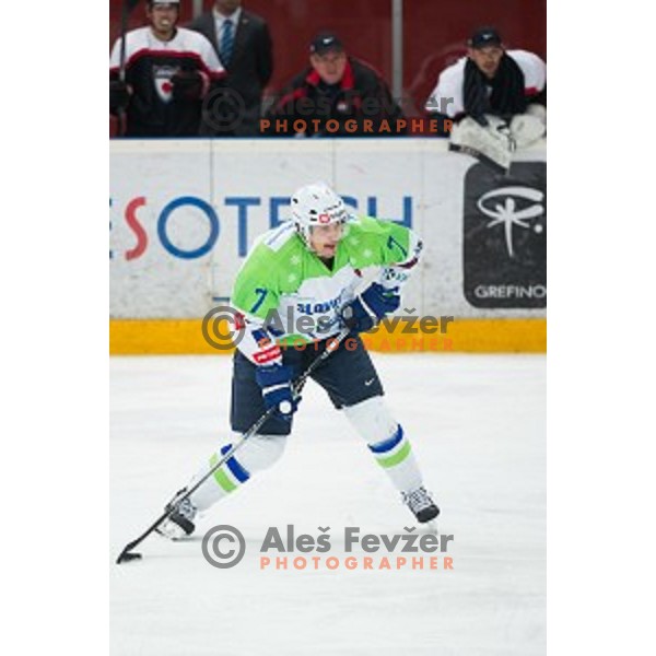 Klemen pretnar of Slovenia in action during friendly ice hockey match between Slovenia and Japan, played in Podmezakla Hall, Jesenice, Slovenia, on April 15th, 2015.