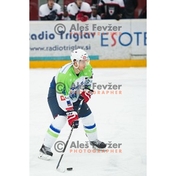 Luka Vidmar of Slovenia in action during friendly ice hockey match between Slovenia and Japan, played in Podmezakla Hall, Jesenice, Slovenia, on April 15th, 2015.
