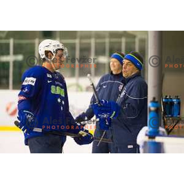 Anze Kopitar and coach Matjaz Kopitar during Slovenia National Ice Hockey Team practice session in Tivoli Hall, Ljubljana, Slovenia, on April 21, 2015