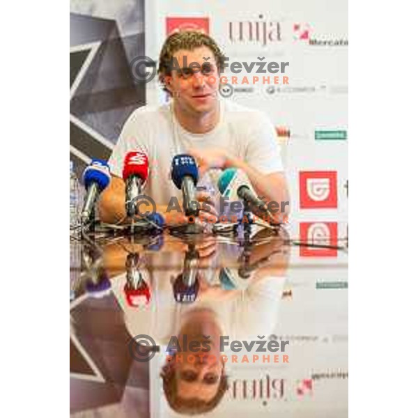 Anze Kopitar during press conference after Slovenia National Ice Hockey Team practice session in Tivoli Hall, Ljubljana, Slovenia, on April 21, 2015