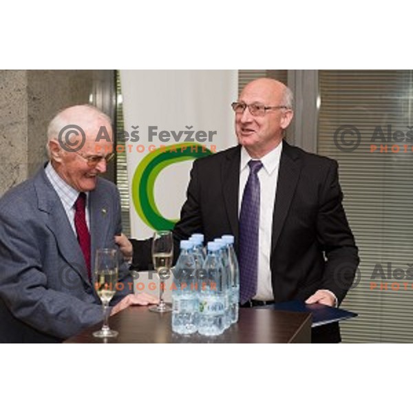 Marko Rasic, Bogdan Gabrovec during the celebration of the 95th birthday of Marko Rasic , Slovenian Olympic committee , Tivoli Hall, Ljubljana, Slovenia, 23.04.2015