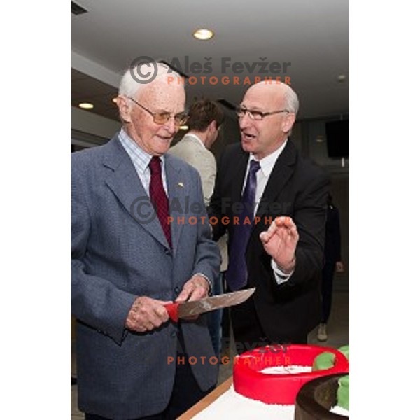 Marko Rasic, Bogdan Gabrovec during the celebration of the 95th birthday of Marko Rasic , Slovenian Olympic committee , Tivoli Hall, Ljubljana, Slovenia, 23.04.2015