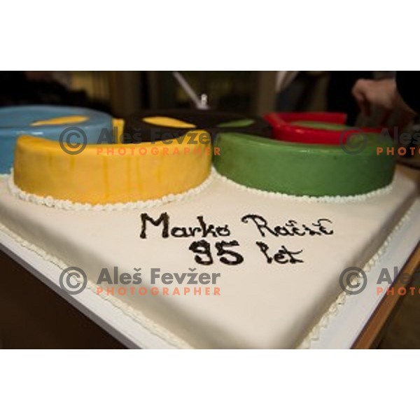 the cake during the celebration of the 95th birthday of Marko Rasic , Slovenian Olympic committee , Tivoli Hall, Ljubljana, Slovenia, 23.04.2015