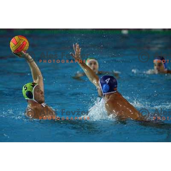 Matej Nastran (5) and Goran Krstonosic (4) at match Slovenia- Macedonia in Tristar waterpolo tournament in Kranj Slovenia. Photo by Ales Fevzer 