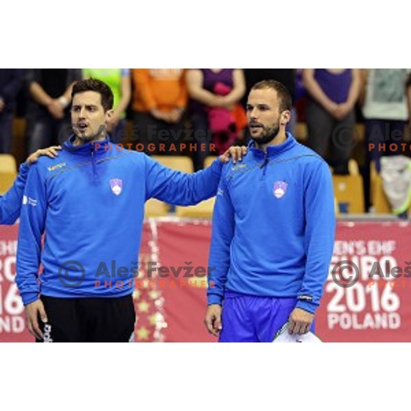 Matevz Skok, Uros Zorman of Slovenia in action during handball match Slovenia-Sweden in qualification for 2016 European Championships played in Zlatorog Hall, Celje, Slovenia on May 3, 2015