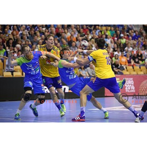 Miha Zvizej and Jure Dolenec of Slovenia in action during handball match Slovenia-Sweden in qualification for 2016 European Championships played in Zlatorog Hall, Celje, Slovenia on May 3, 2015