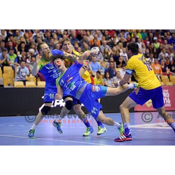 Jure Dolenec of Slovenia in action during handball match Slovenia-Sweden in qualification for 2016 European Championships played in Zlatorog Hall, Celje, Slovenia on May 3, 2015