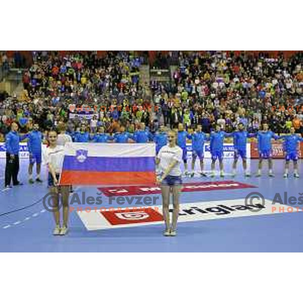 of Slovenia in action during handball match Slovenia-Sweden in qualification for 2016 European Championships played in Zlatorog Hall, Celje, Slovenia on May 3, 2015