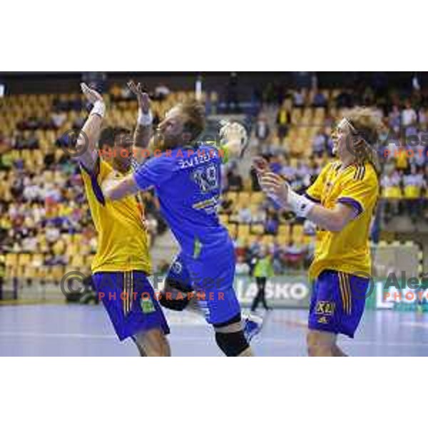 Miha Zvizej of Slovenia in action during handball match Slovenia-Sweden in qualification for 2016 European Championships played in Zlatorog Hall, Celje, Slovenia on May 3, 2015