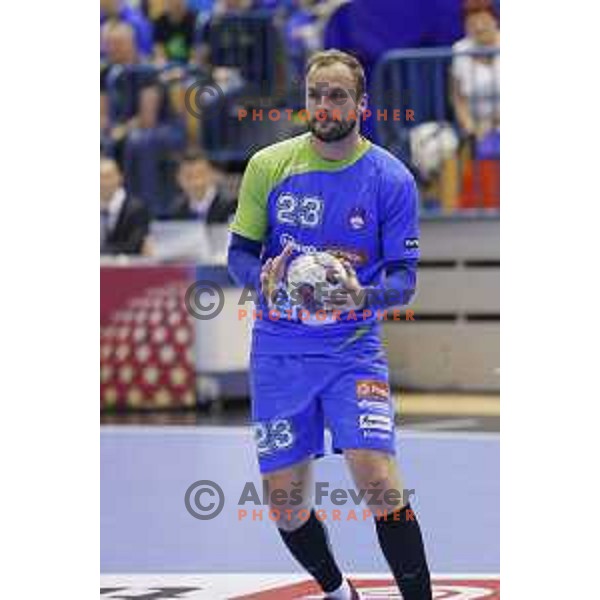 Uros Zorman of Slovenia in action during handball match Slovenia-Sweden in qualification for 2016 European Championships played in Zlatorog Hall, Celje, Slovenia on May 3, 2015