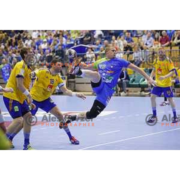 Matej Gaber of Slovenia in action during handball match Slovenia-Sweden in qualification for 2016 European Championships played in Zlatorog Hall, Celje, Slovenia on May 3, 2015